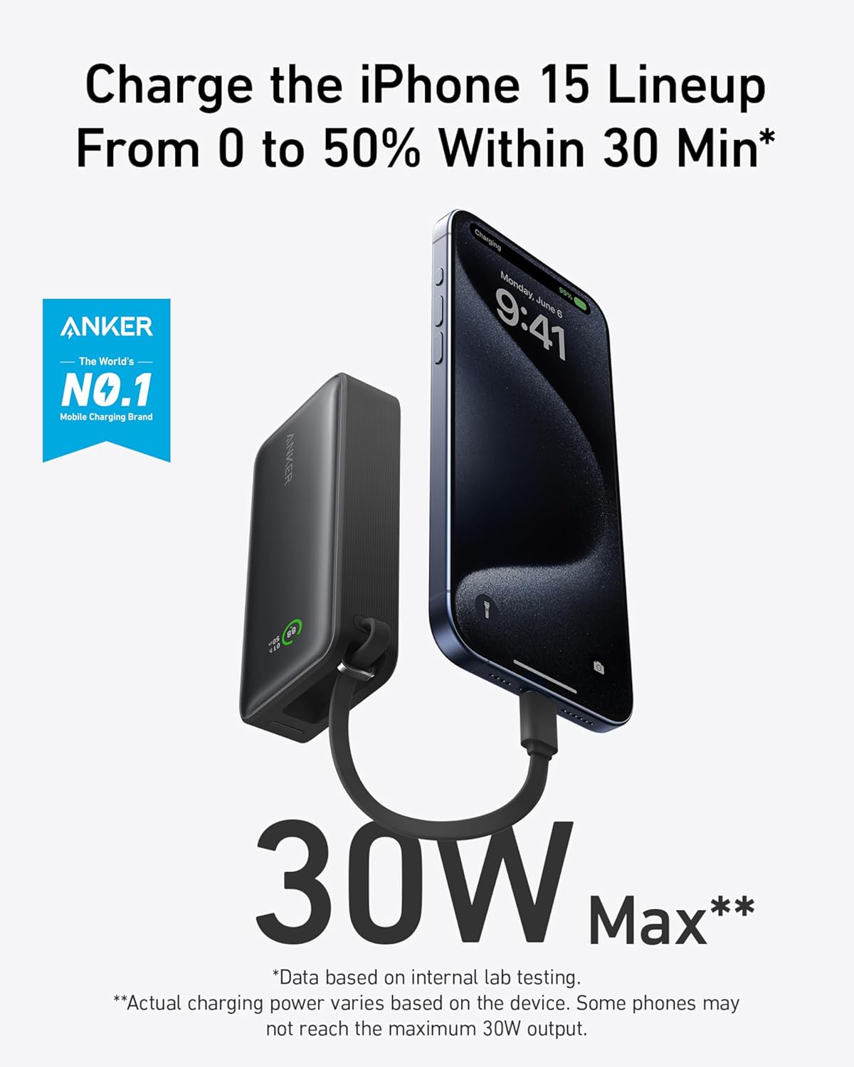 شاحن متنقل بسعة 10000 مللي أمبير وقوة 30 واط مع كابل USB-C مدمج | أسود شاحن متنقل بسعة 10000 مللي أمبير وقوة 30 واط مع كابل USB-C مدمج | أسود